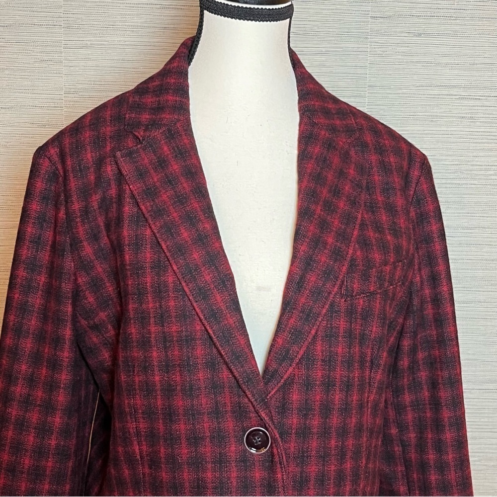 Eddie Bauer Tartan Plaid Burgundy Red Black Wool Double Button Blazer Size 14 - Picture 2 of 7